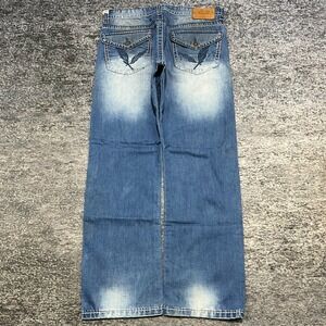 Akoo Jeans Mens 36x32 Blue Embroidered Denim Flap Pockets Streetwear Vintage Y2K